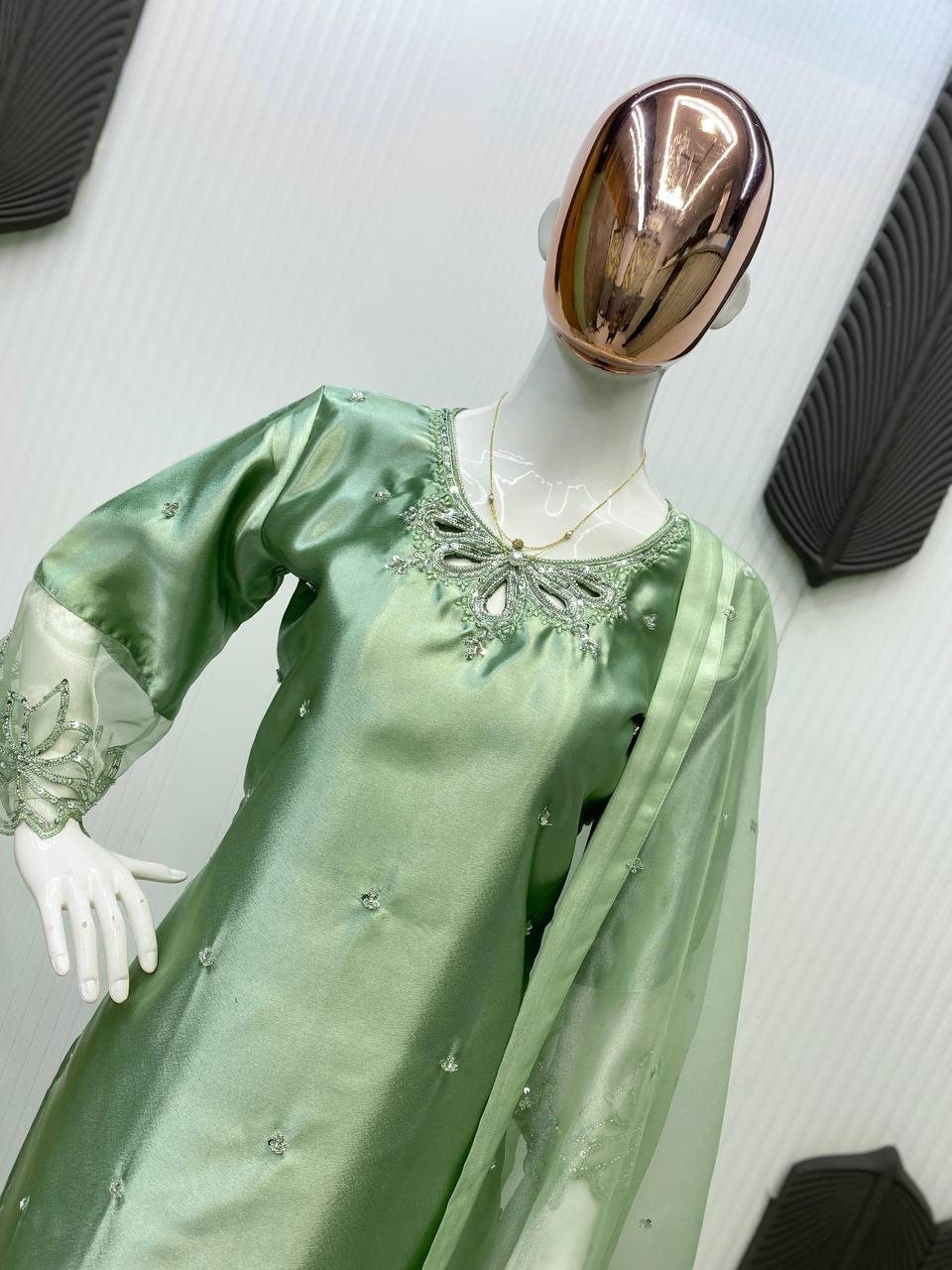 Outstanding Pista Green Color Embroidery With Beads And Sequence Work Salwar Suit