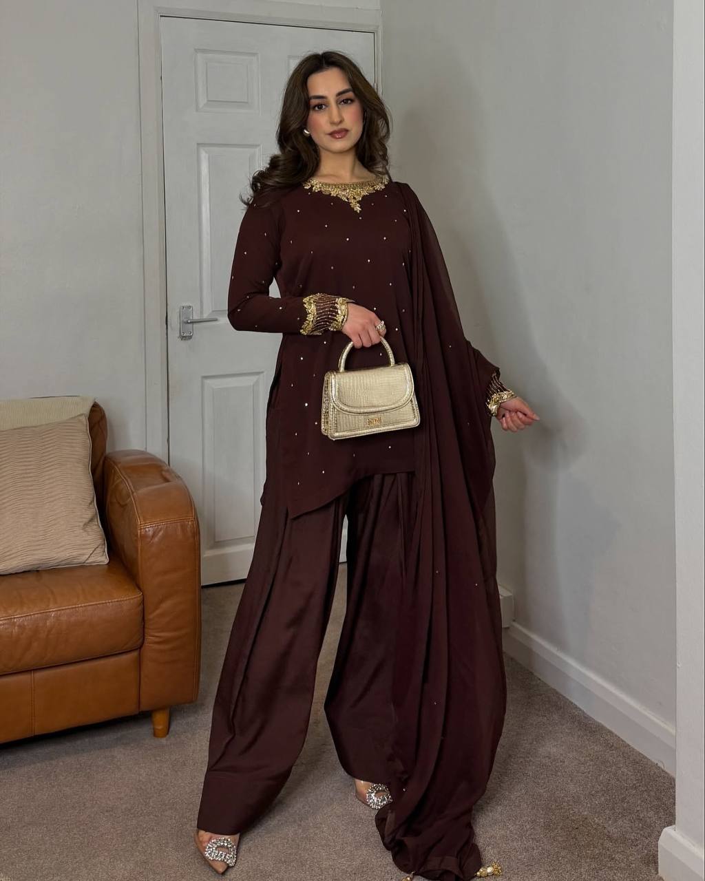 Delightful Brown Color Heavy Faux Georgette With Embroidery Sequence Work Salwar Suit