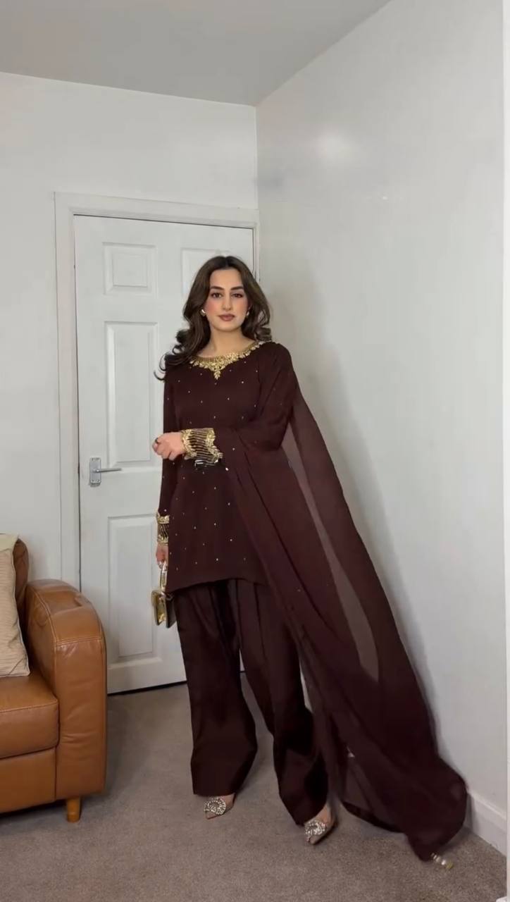 Delightful Brown Color Heavy Faux Georgette With Embroidery Sequence Work Salwar Suit