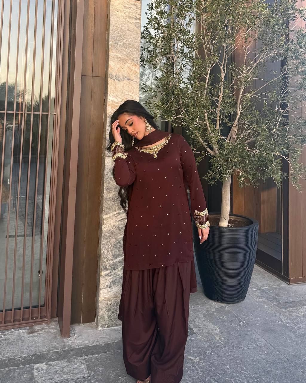 Delightful Brown Color Heavy Faux Georgette With Embroidery Sequence Work Salwar Suit