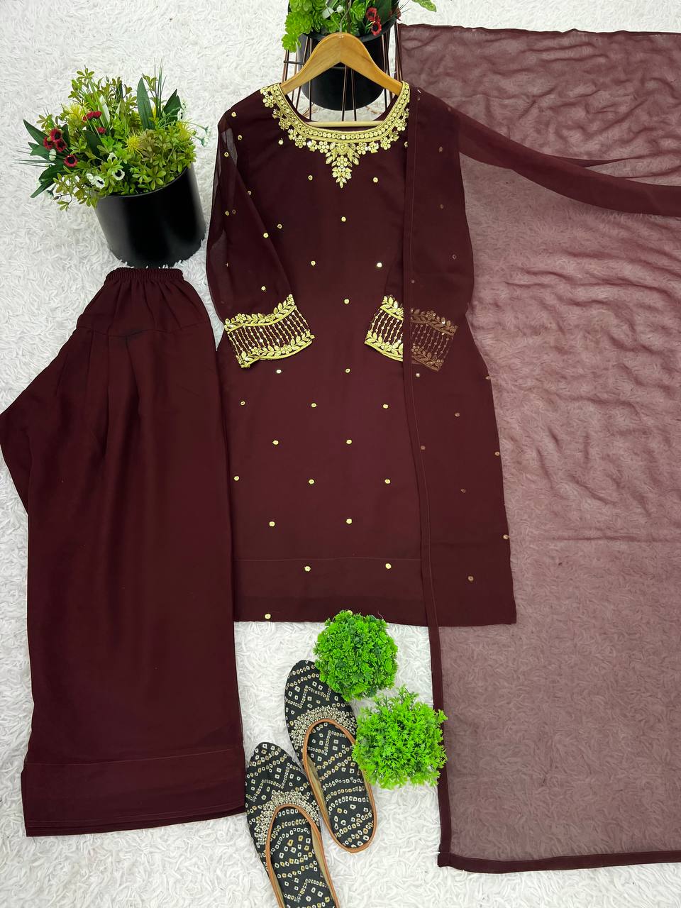 Delightful Brown Color Heavy Faux Georgette With Embroidery Sequence Work Salwar Suit