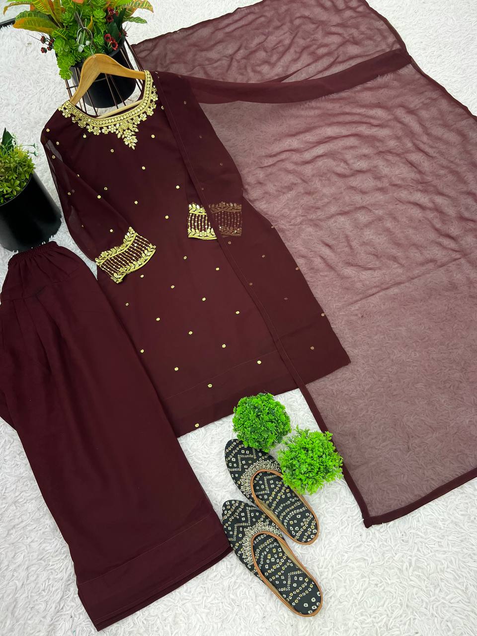 Delightful Brown Color Heavy Faux Georgette With Embroidery Sequence Work Salwar Suit