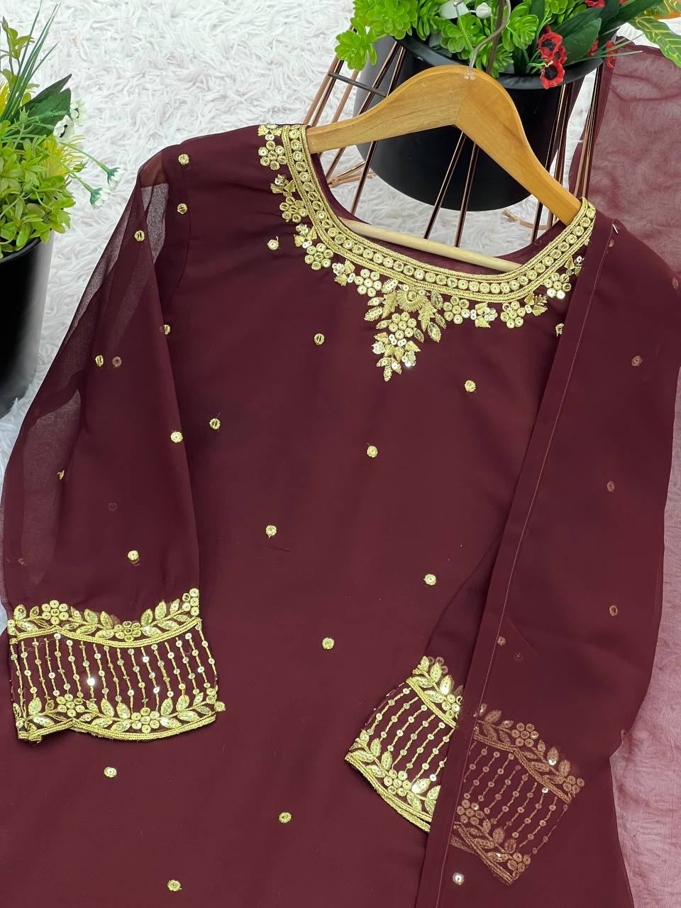 Delightful Brown Color Heavy Faux Georgette With Embroidery Sequence Work Salwar Suit