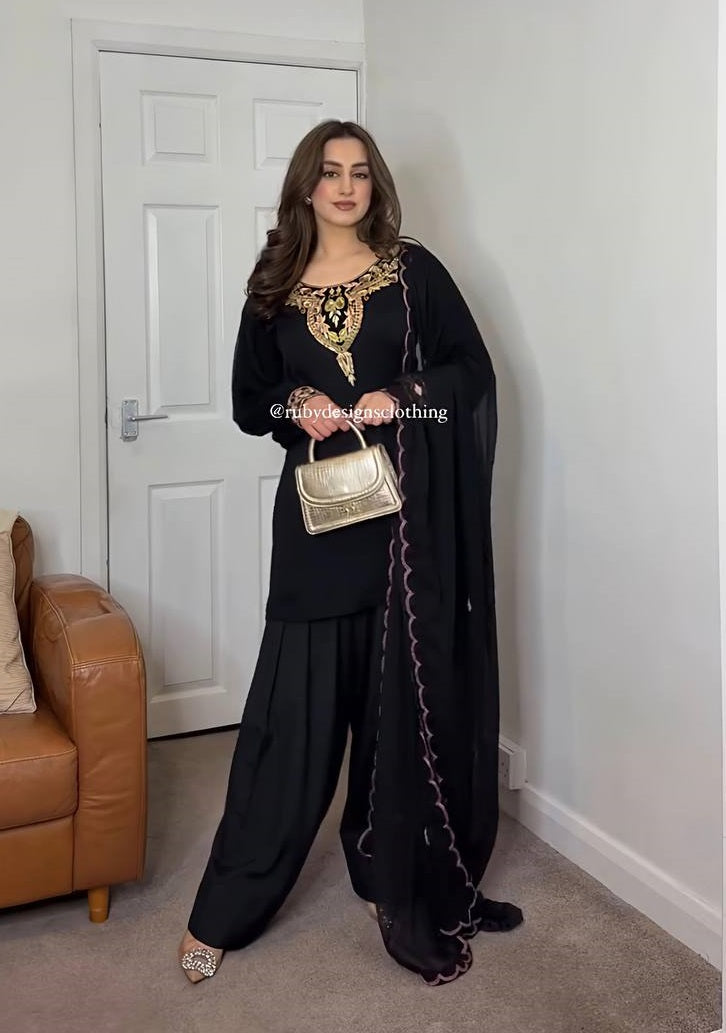 Wedding Wear Black Color Natural Satin Silk With Embroidery Sequence Work Palazzo Suit