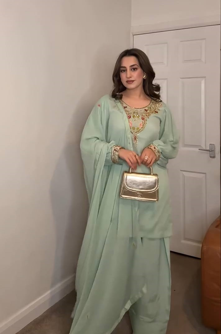 Ceremony Wear Sky Green Color Natural Satin Silk With Embroidery Sequence Work Palazzo Suit