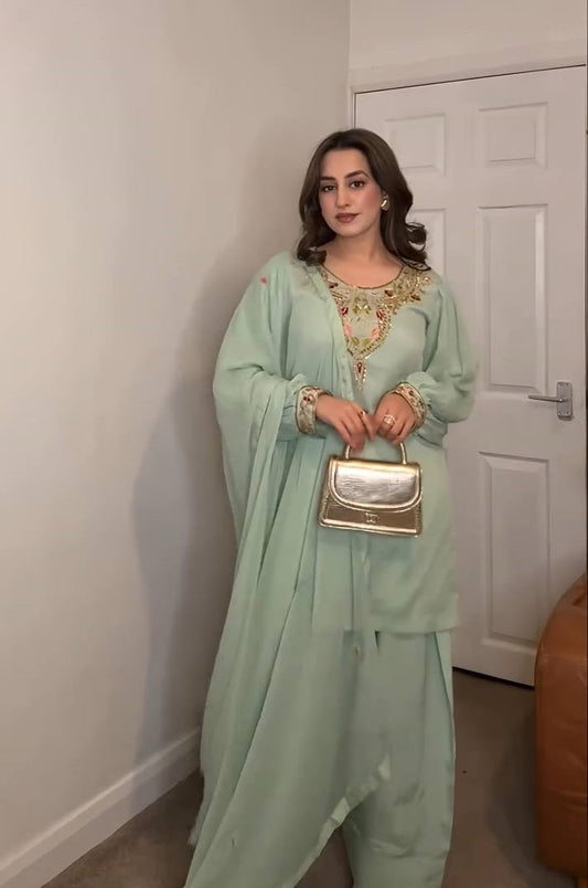 Ceremony Wear Sky Green Color Natural Satin Silk With Embroidery Sequence Work Palazzo Suit