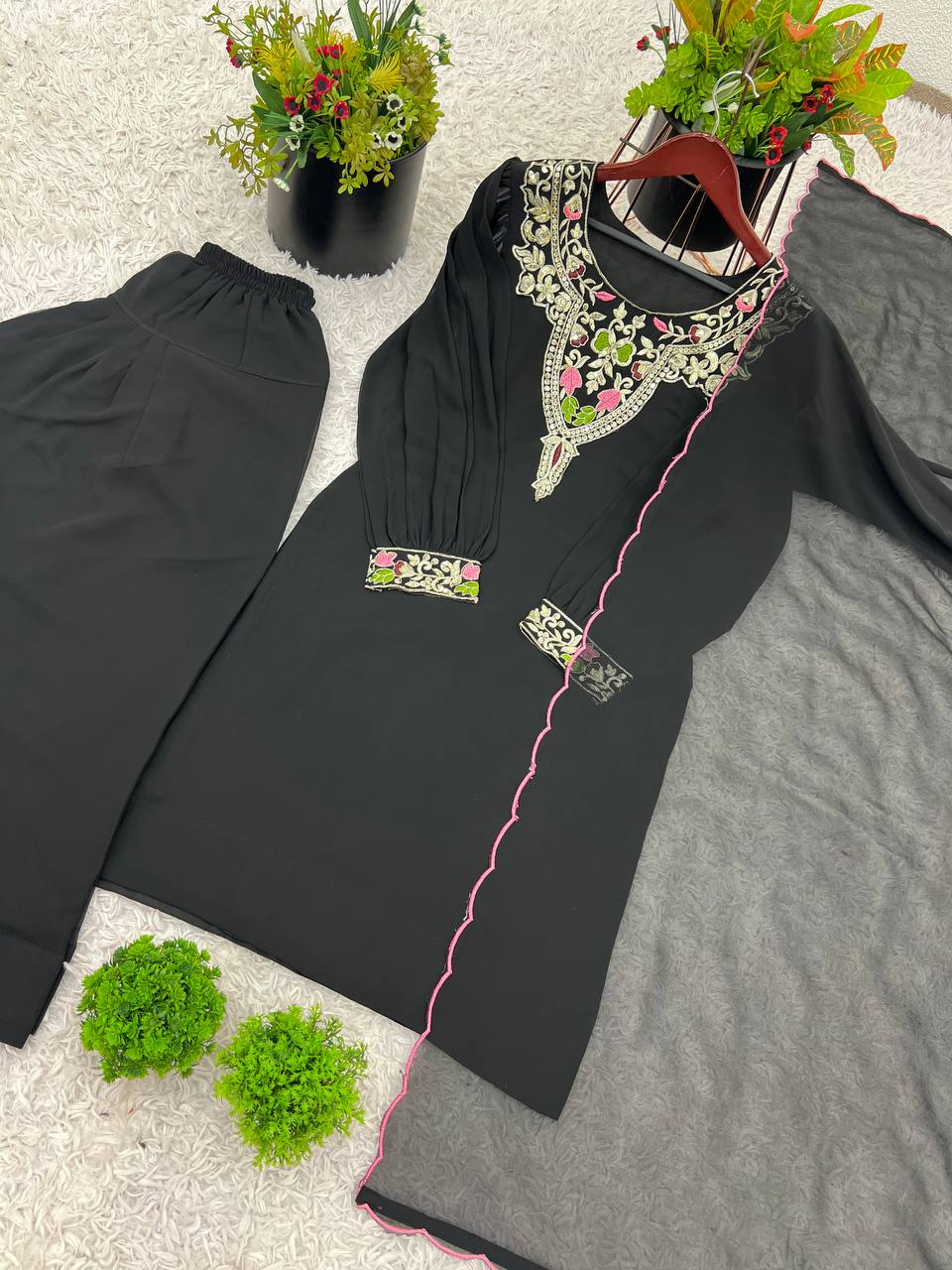 Wedding Wear Black Color Natural Satin Silk With Embroidery Sequence Work Palazzo Suit