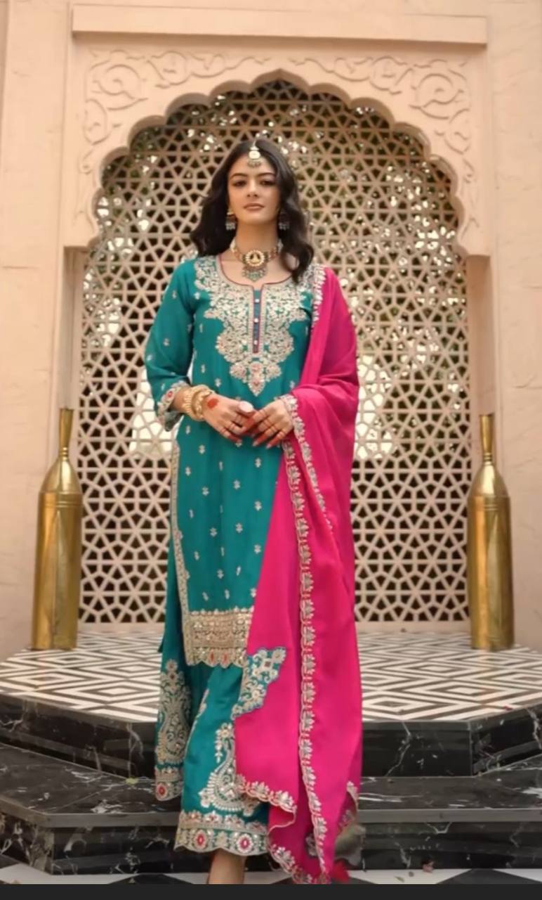 Ceremony Wear Teal Green Color Vichitra Silk Heavy Embroidery Thread Work Palazzo Suit