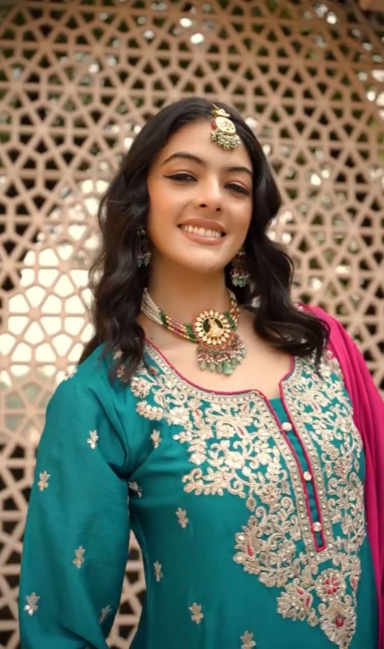 Ceremony Wear Teal Green Color Vichitra Silk Heavy Embroidery Thread Work Palazzo Suit