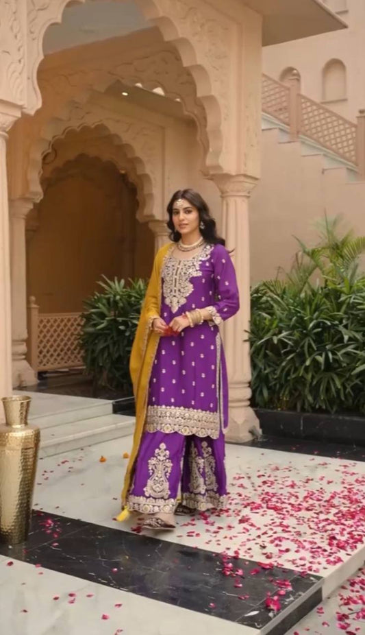 Function Wear Purple Color Vichitra Silk Heavy Embroidery Thread Work Palazzo Suit