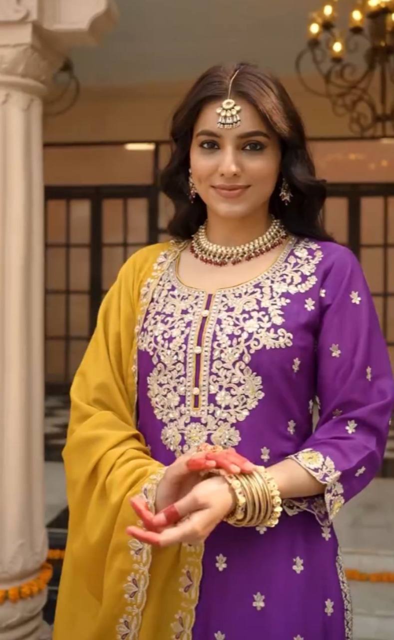 Function Wear Purple Color Vichitra Silk Heavy Embroidery Thread Work Palazzo Suit