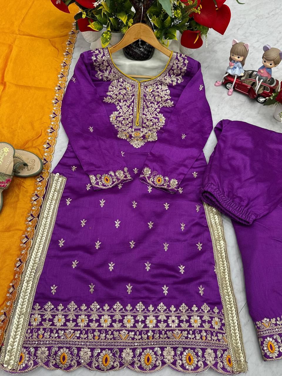 Function Wear Purple Color Vichitra Silk Heavy Embroidery Thread Work Palazzo Suit