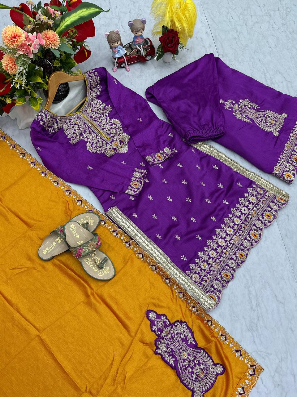 Function Wear Purple Color Vichitra Silk Heavy Embroidery Thread Work Palazzo Suit