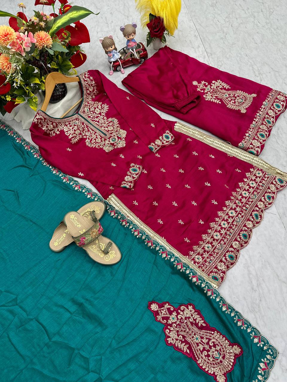 Function Wear Maroon Color Vichitra Silk Heavy Embroidery Thread Work Palazzo Suit