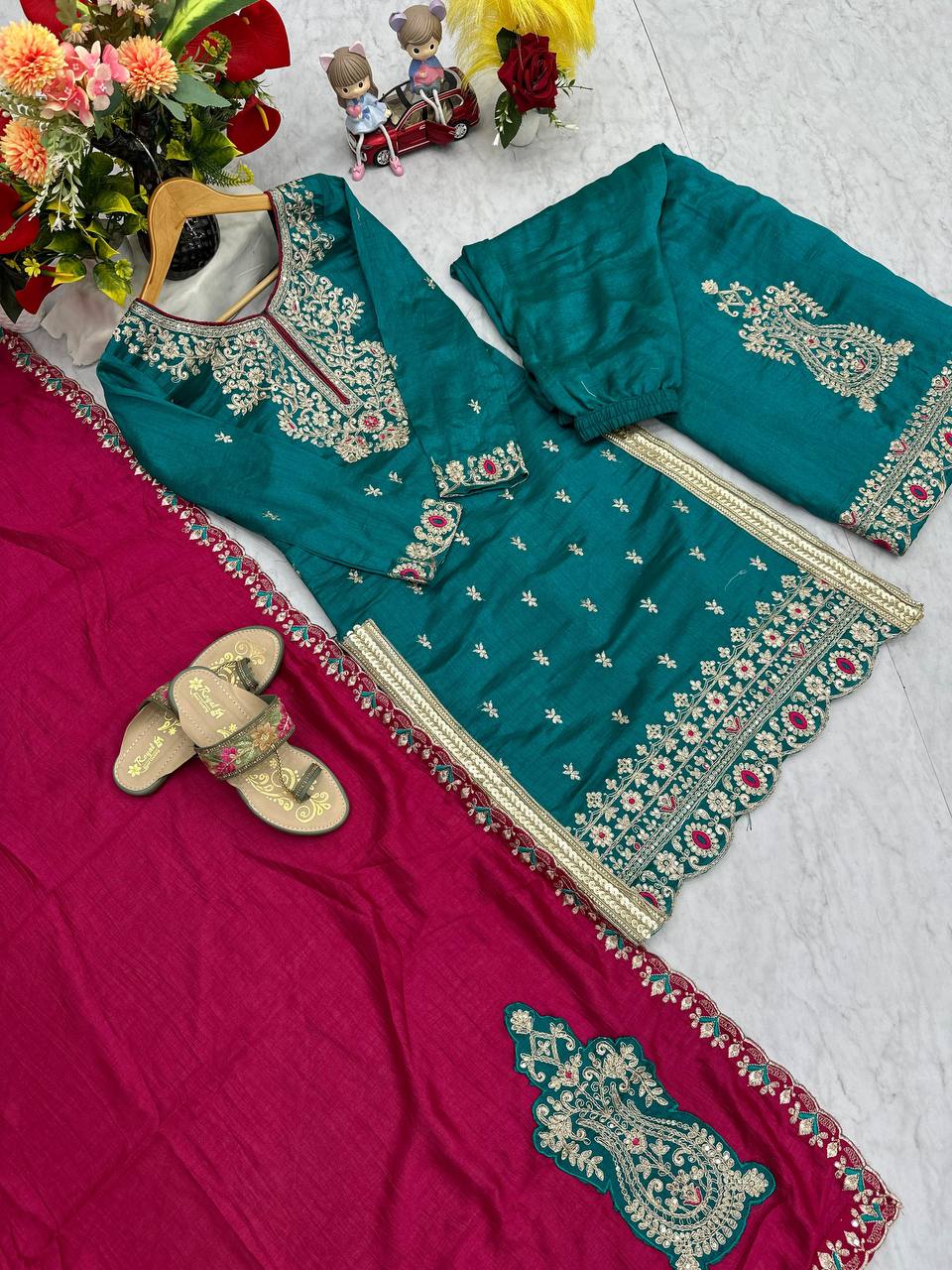 Ceremony Wear Teal Green Color Vichitra Silk Heavy Embroidery Thread Work Palazzo Suit