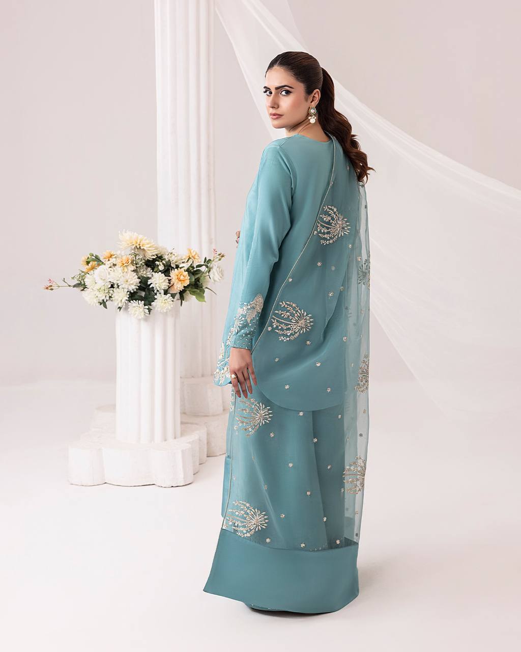 Stunning Sky Blue Color Pure Natural Crepe With Embroidery Work Palazzo Suit