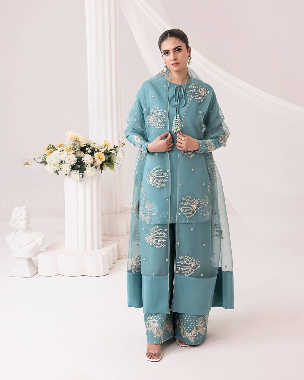 Stunning Sky Blue Color Pure Natural Crepe With Embroidery Work Palazzo Suit