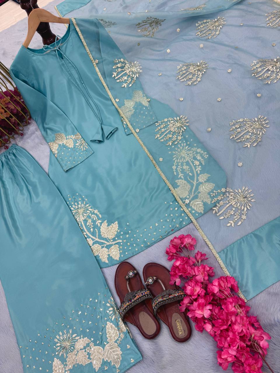 Stunning Sky Blue Color Pure Natural Crepe With Embroidery Work Palazzo Suit