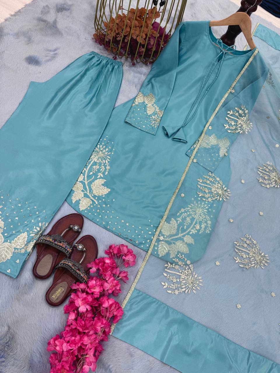 Stunning Sky Blue Color Pure Natural Crepe With Embroidery Work Palazzo Suit