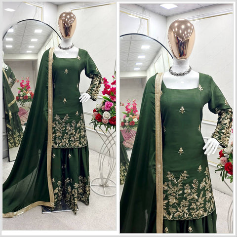 Reception Wear Dark Green Color Pure Cinon Silk With Heavy Embroidery Sequence Work Sharara Suit