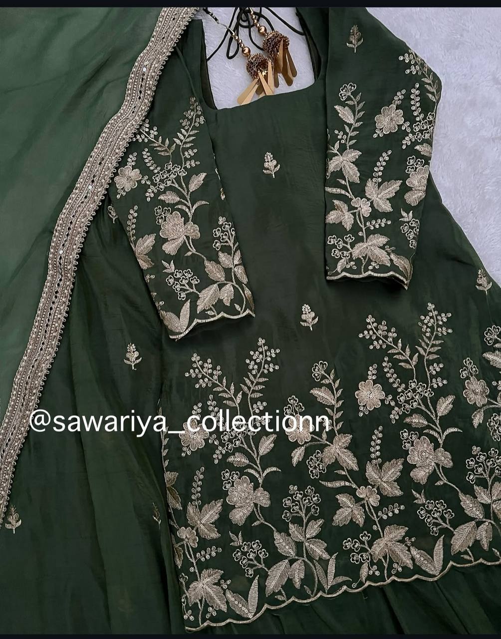 Reception Wear Dark Green Color Pure Cinon Silk With Heavy Embroidery Sequence Work Sharara Suit
