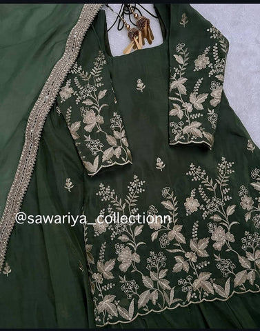 Reception Wear Dark Green Color Pure Cinon Silk With Heavy Embroidery Sequence Work Sharara Suit