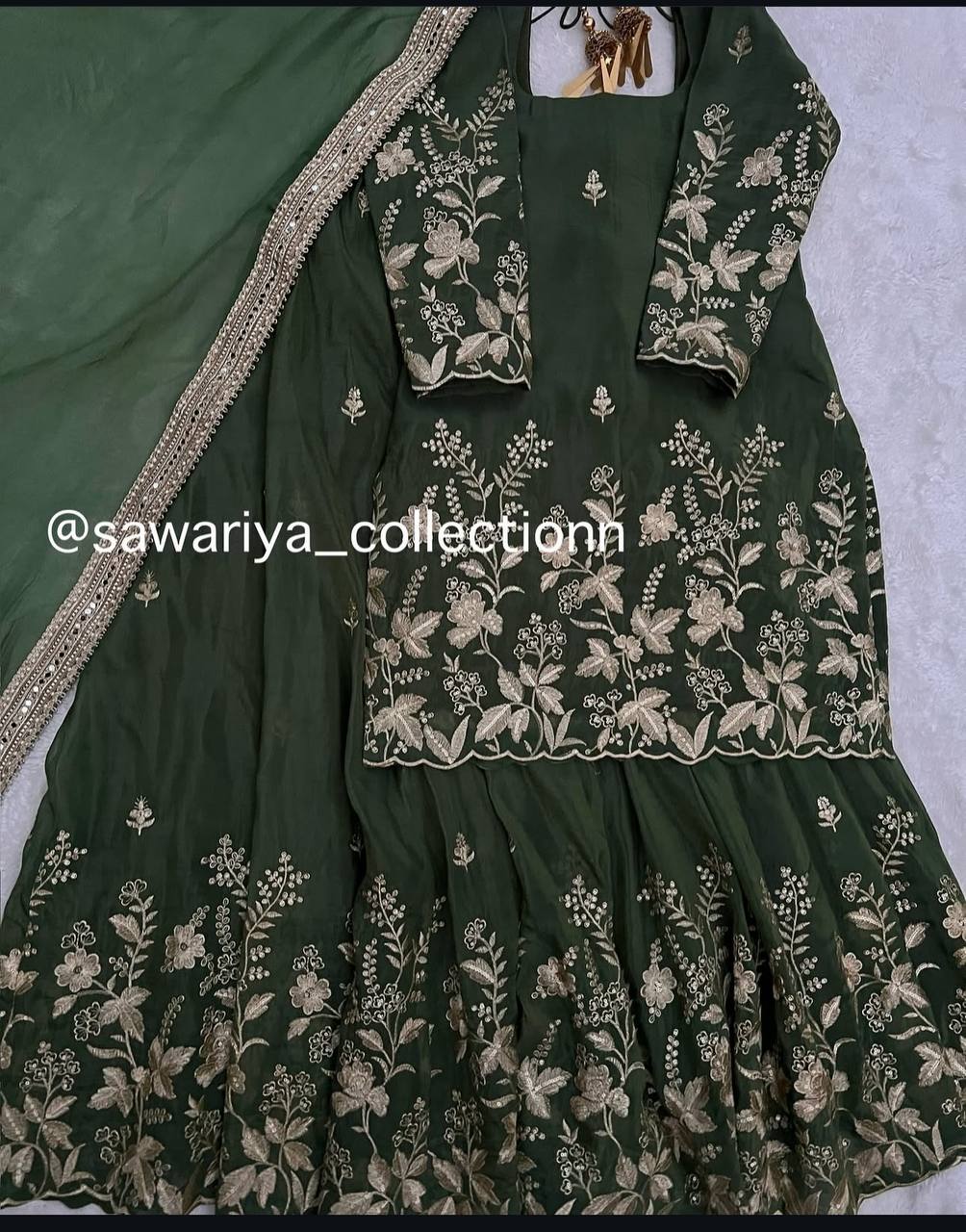 Reception Wear Dark Green Color Pure Cinon Silk With Heavy Embroidery Sequence Work Sharara Suit