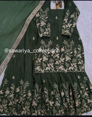 Reception Wear Dark Green Color Pure Cinon Silk With Heavy Embroidery Sequence Work Sharara Suit