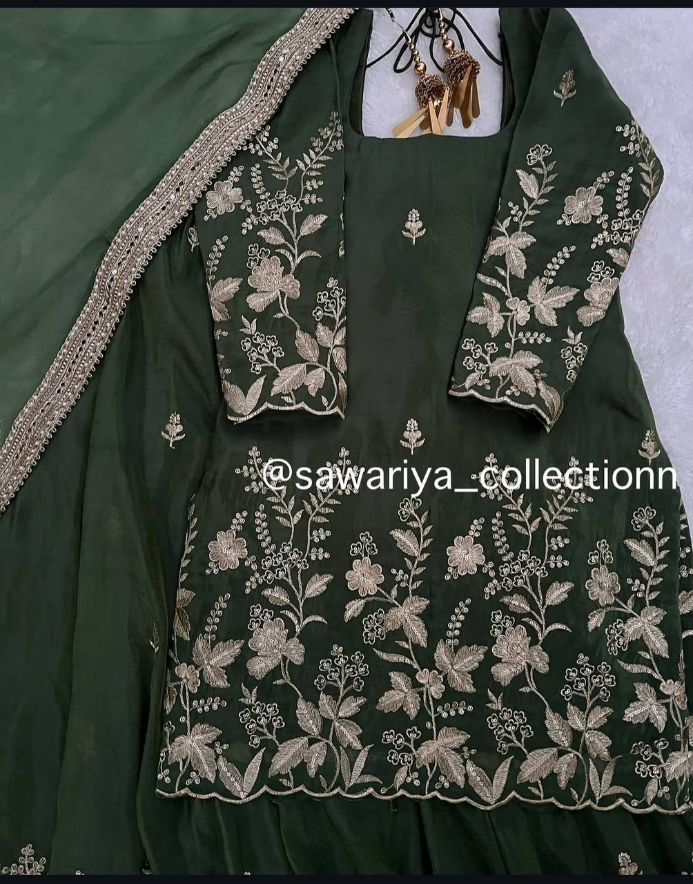 Reception Wear Dark Green Color Pure Cinon Silk With Heavy Embroidery Sequence Work Sharara Suit