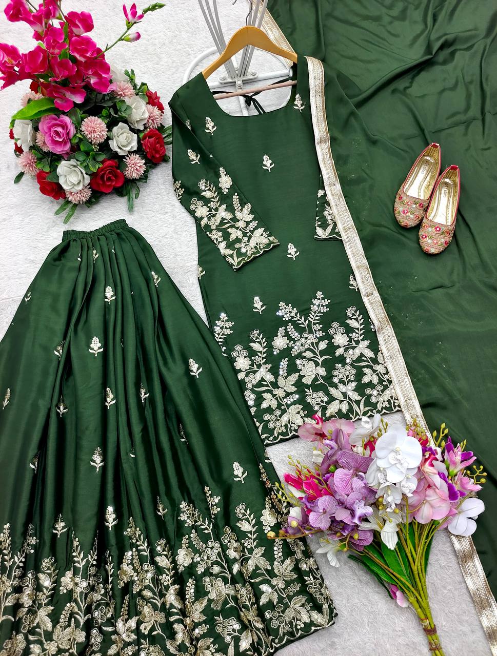 Reception Wear Dark Green Color Pure Cinon Silk With Heavy Embroidery Sequence Work Sharara Suit