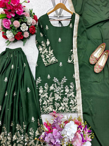 Reception Wear Dark Green Color Pure Cinon Silk With Heavy Embroidery Sequence Work Sharara Suit