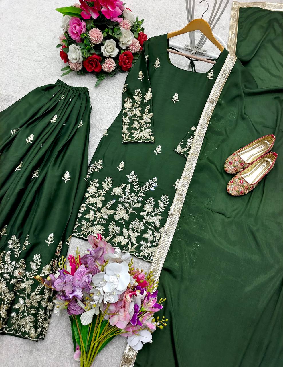 Reception Wear Dark Green Color Pure Cinon Silk With Heavy Embroidery Sequence Work Sharara Suit