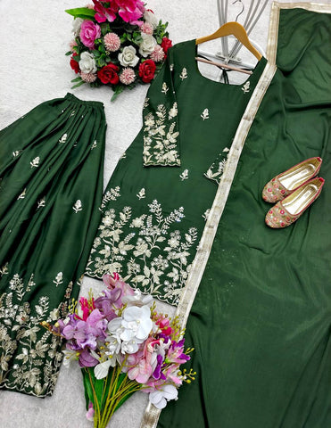 Reception Wear Dark Green Color Pure Cinon Silk With Heavy Embroidery Sequence Work Sharara Suit