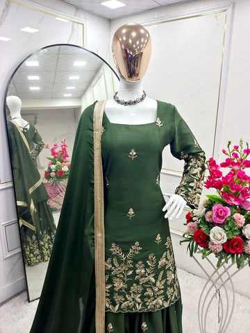 Reception Wear Dark Green Color Pure Cinon Silk With Heavy Embroidery Sequence Work Sharara Suit