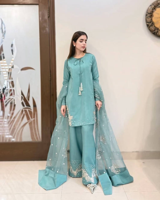 Bollywood Style Sky Blue Color Pure Natural Crep Silk With Embroidery Sequence Work Palazzo Suit