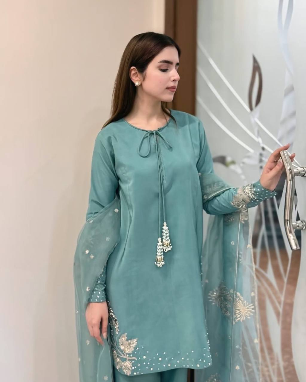 Bollywood Style Sky Blue Color Pure Natural Crep Silk With Embroidery Sequence Work Palazzo Suit