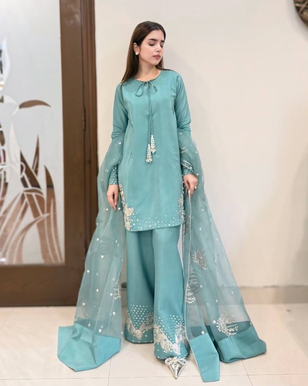 Bollywood Style Sky Blue Color Pure Natural Crep Silk With Embroidery Sequence Work Palazzo Suit