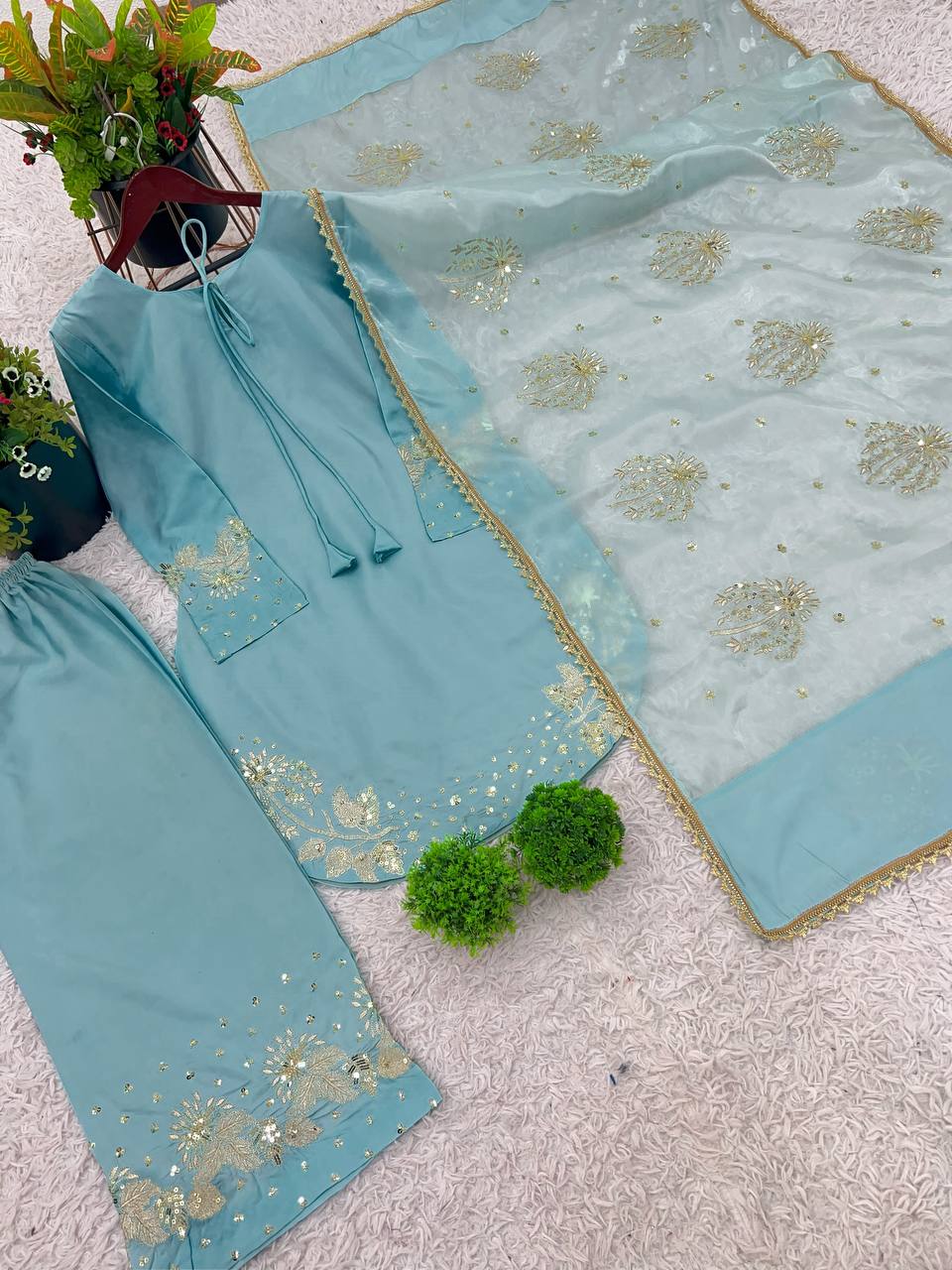 Bollywood Style Sky Blue Color Pure Natural Crep Silk With Embroidery Sequence Work Palazzo Suit