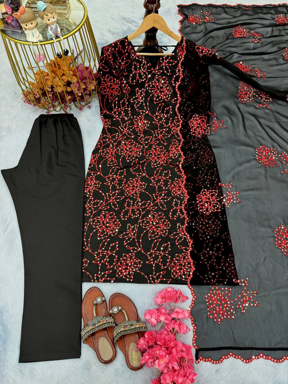 Admiring Black Color Pure Roman Silk With Embroidery Sequence Work Salwar Suit