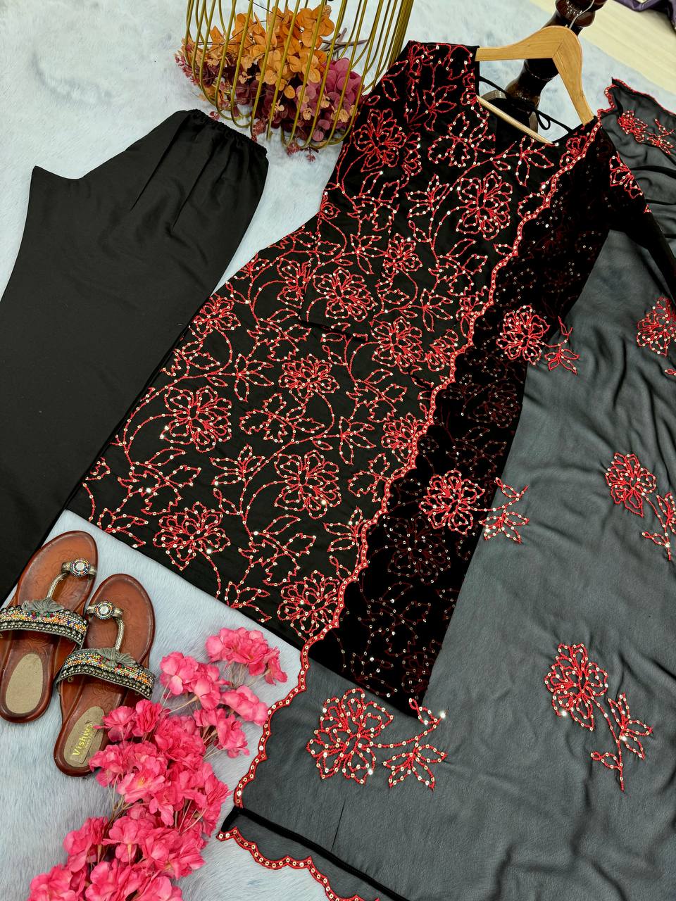 Admiring Black Color Pure Roman Silk With Embroidery Sequence Work Salwar Suit