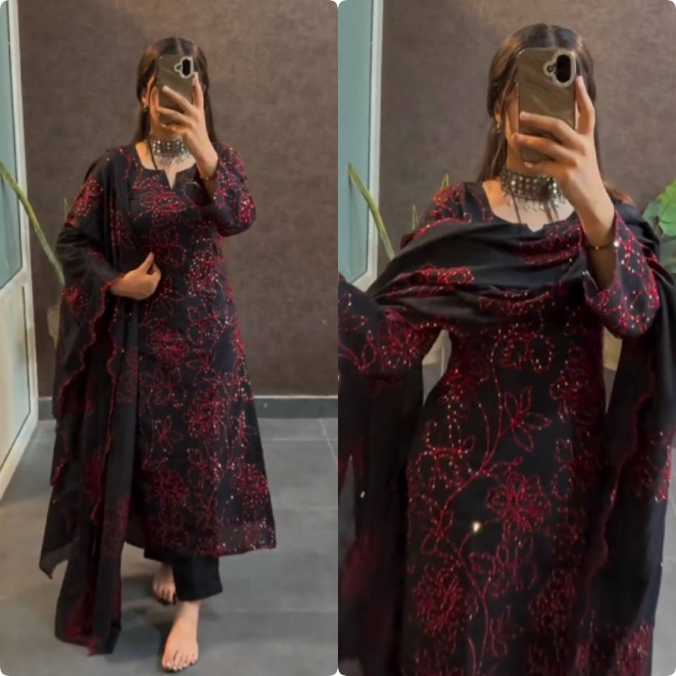 Admiring Black Color Pure Roman Silk With Embroidery Sequence Work Salwar Suit