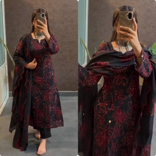 Admiring Black Color Pure Roman Silk With Embroidery Sequence Work Salwar Suit