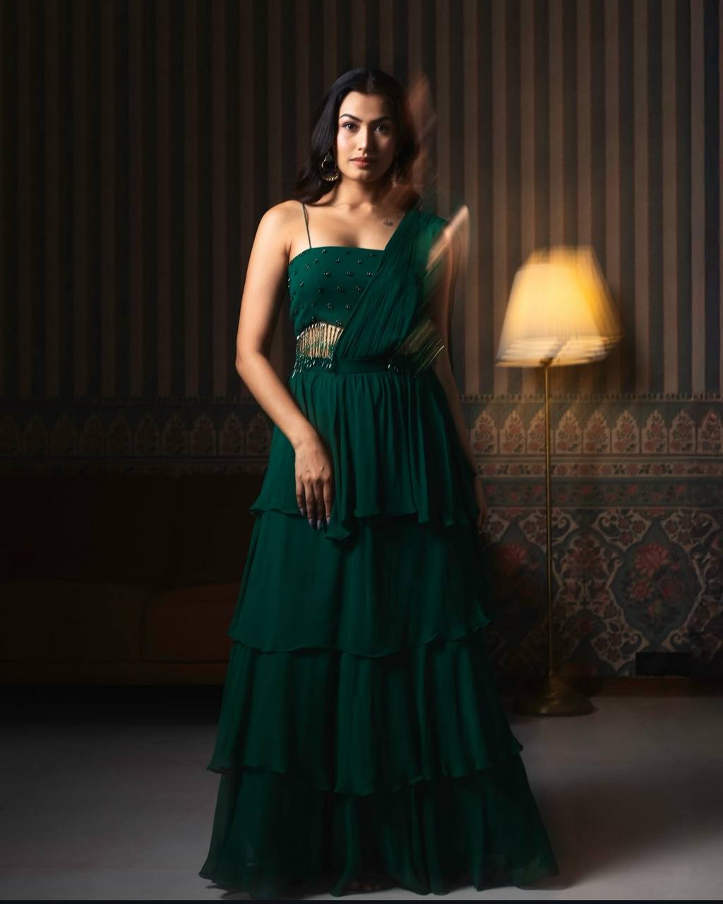 Delightful Green Color Heavy Georgette Designer Ready To Wear Lehenga Saree
