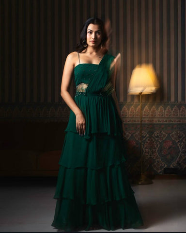Delightful Green Color Heavy Georgette Designer Ready To Wear Lehenga Saree