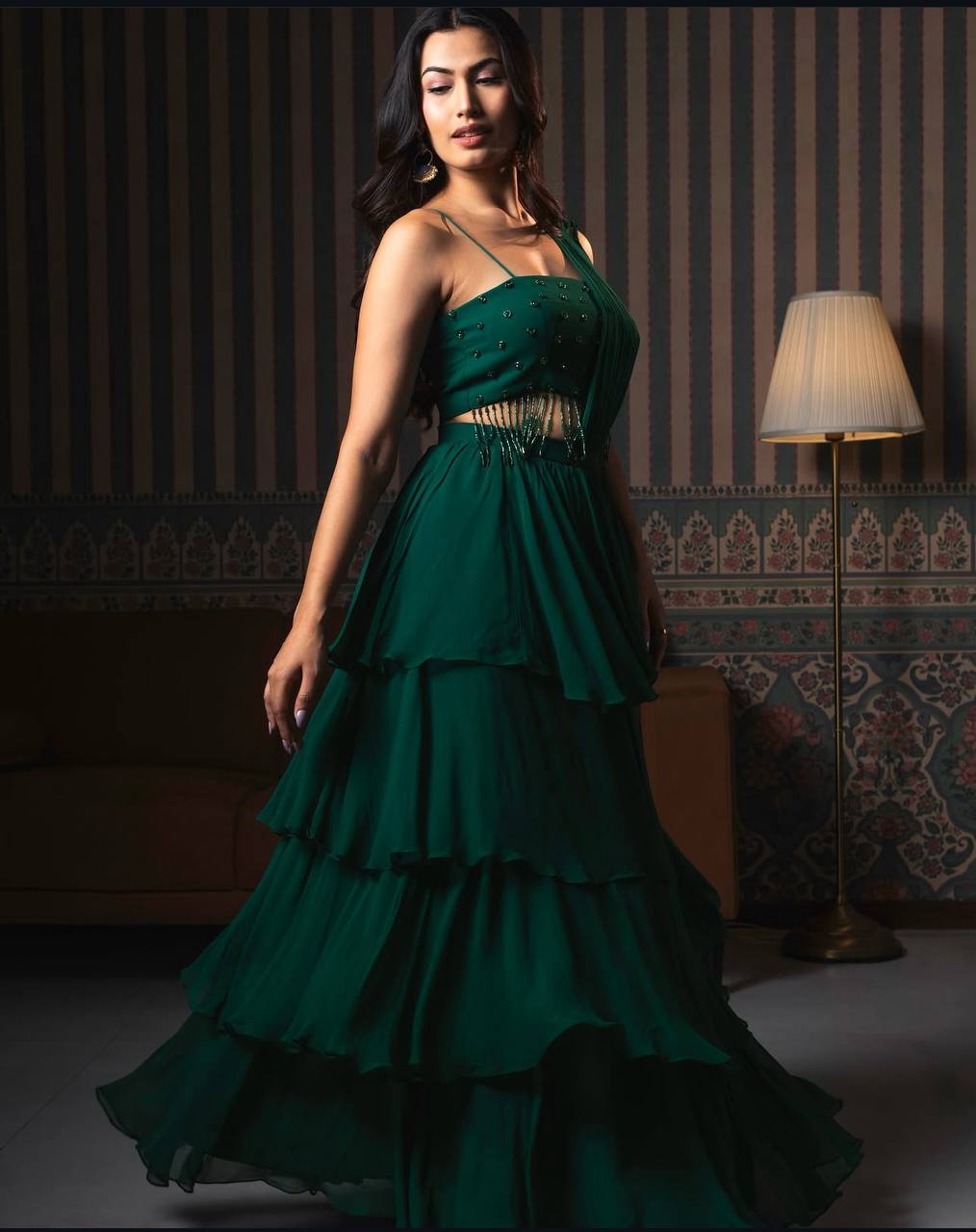 Delightful Green Color Heavy Georgette Designer Ready To Wear Lehenga Saree
