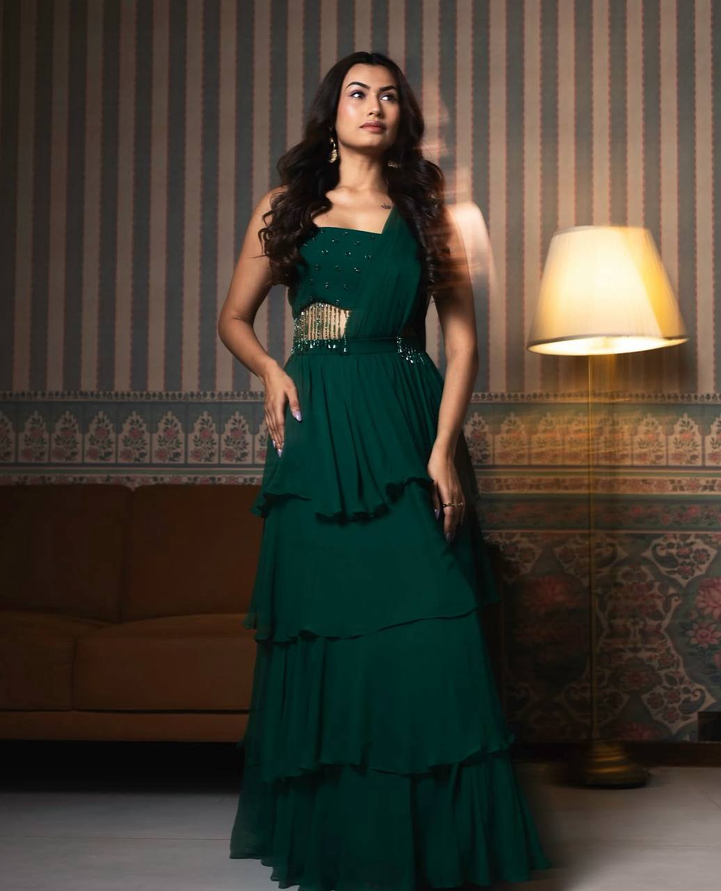 Delightful Green Color Heavy Georgette Designer Ready To Wear Lehenga Saree