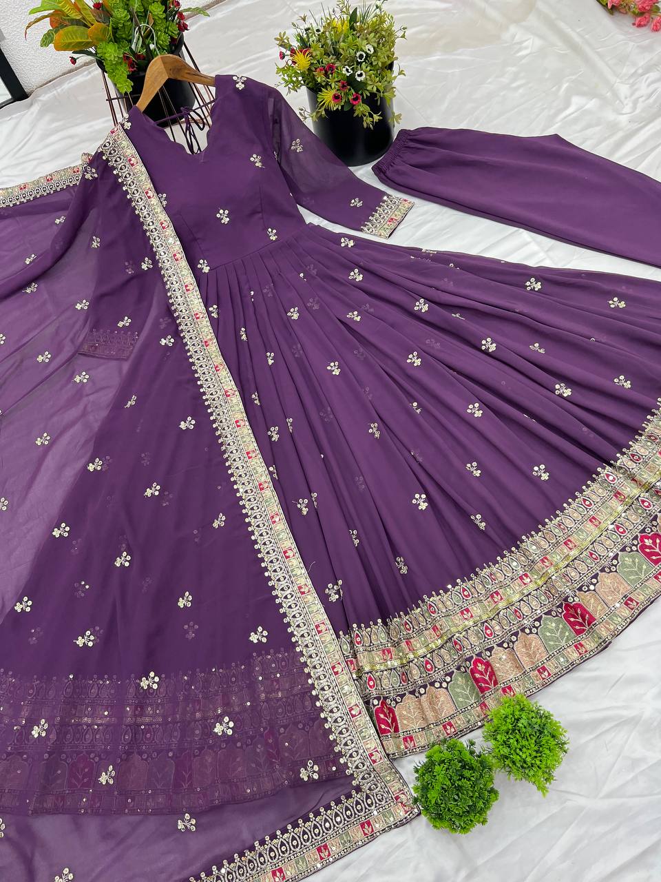 Party Wear Purple Color Faux Georgette With Full Heavy Embroidery Sequence Work Gown