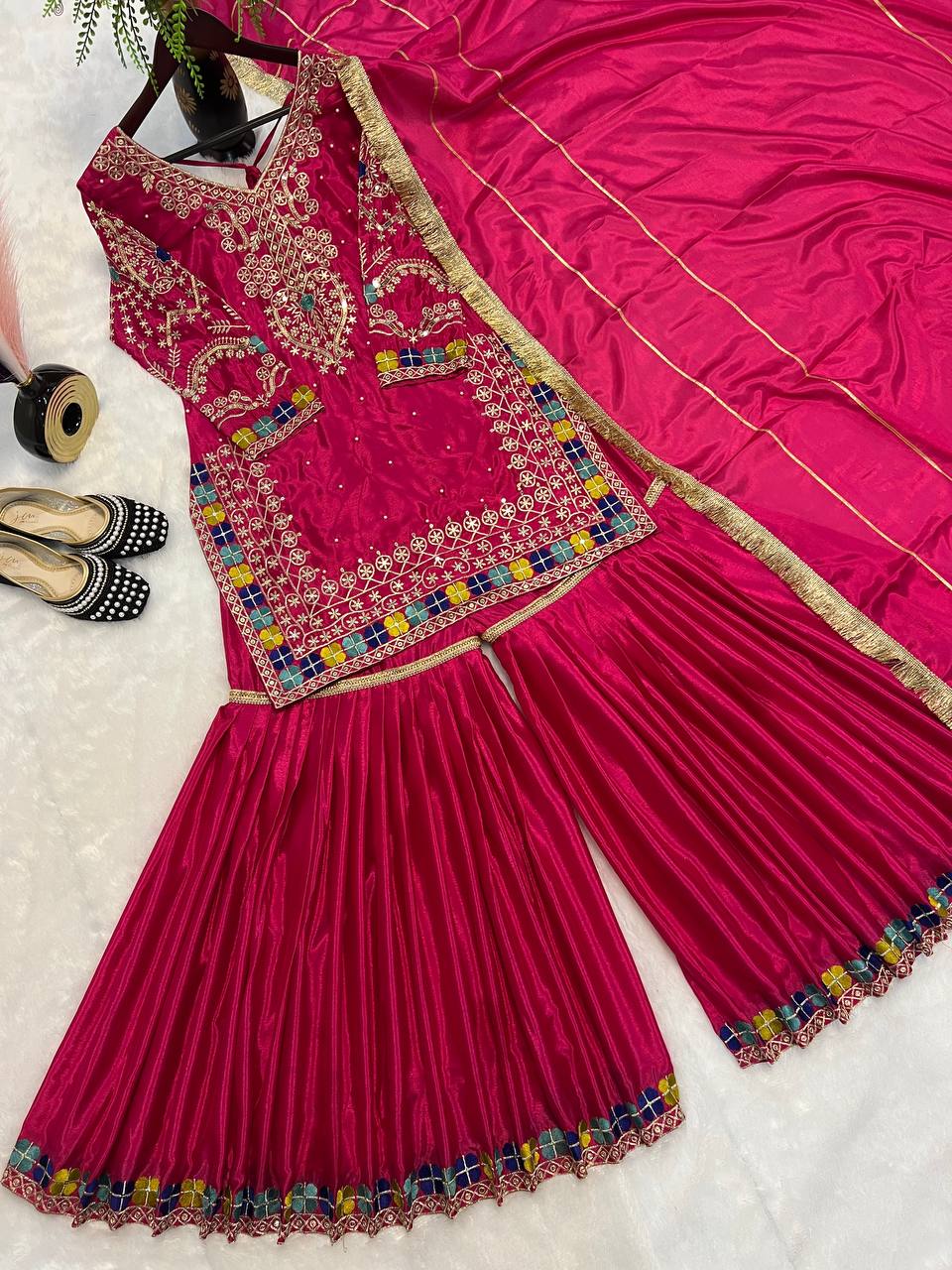 Wedding Wear Pink Color Heavy Chinon With Heavy Embroidery Sequence Work Sharara Suit