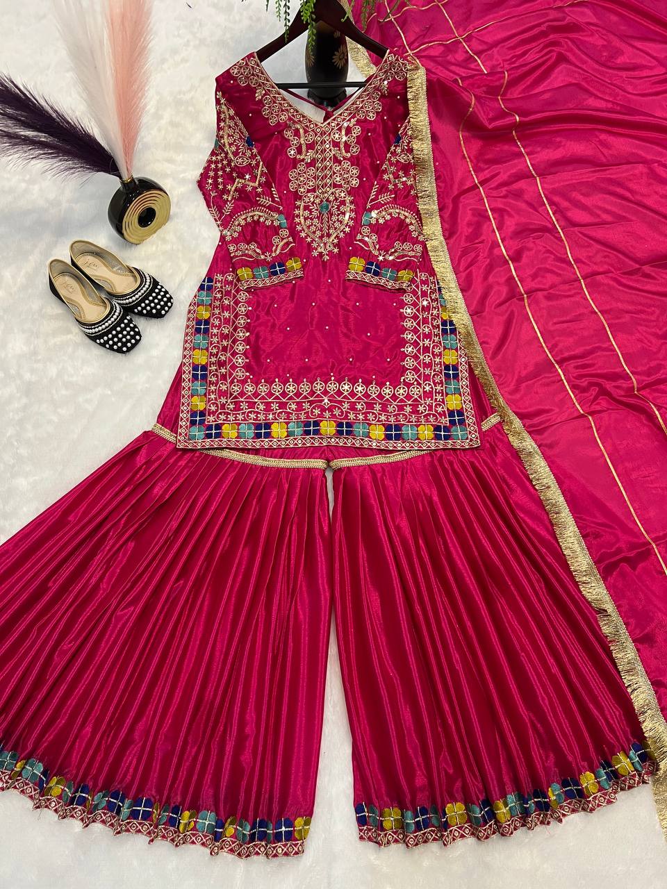 Wedding Wear Pink Color Heavy Chinon With Heavy Embroidery Sequence Work Sharara Suit