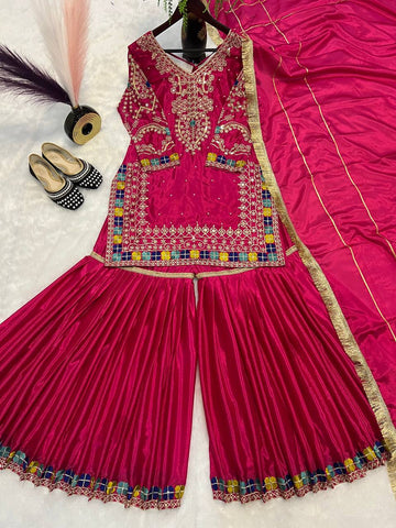 Wedding Wear Pink Color Heavy Chinon With Heavy Embroidery Sequence Work Sharara Suit